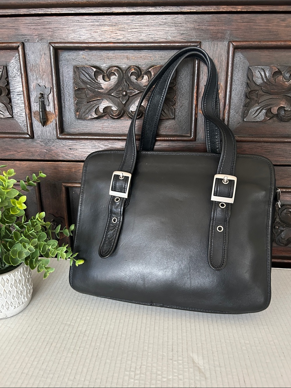 Black Leather Structured Women’s Briefcase Tote